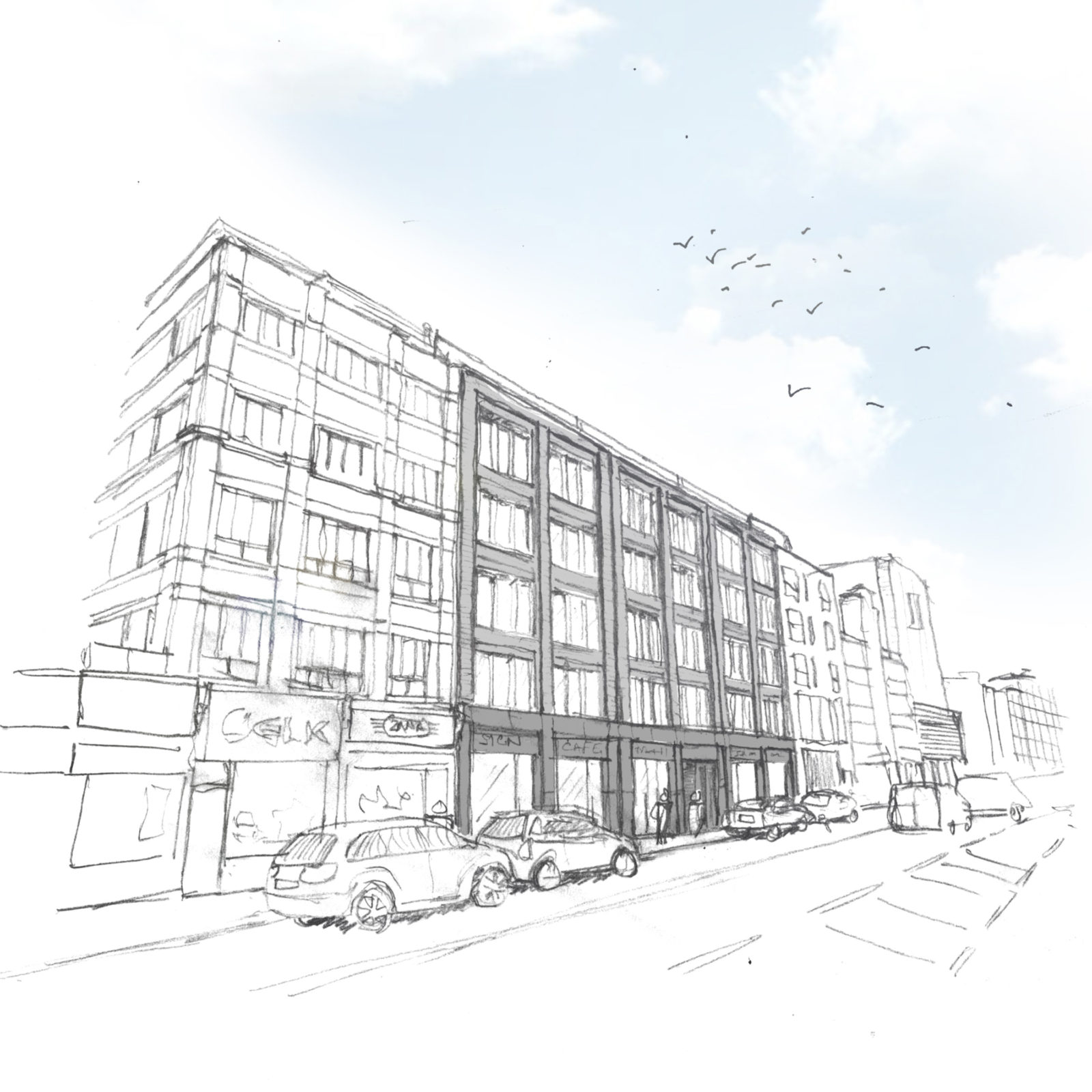 Sketch visual showing development from Commercial Road