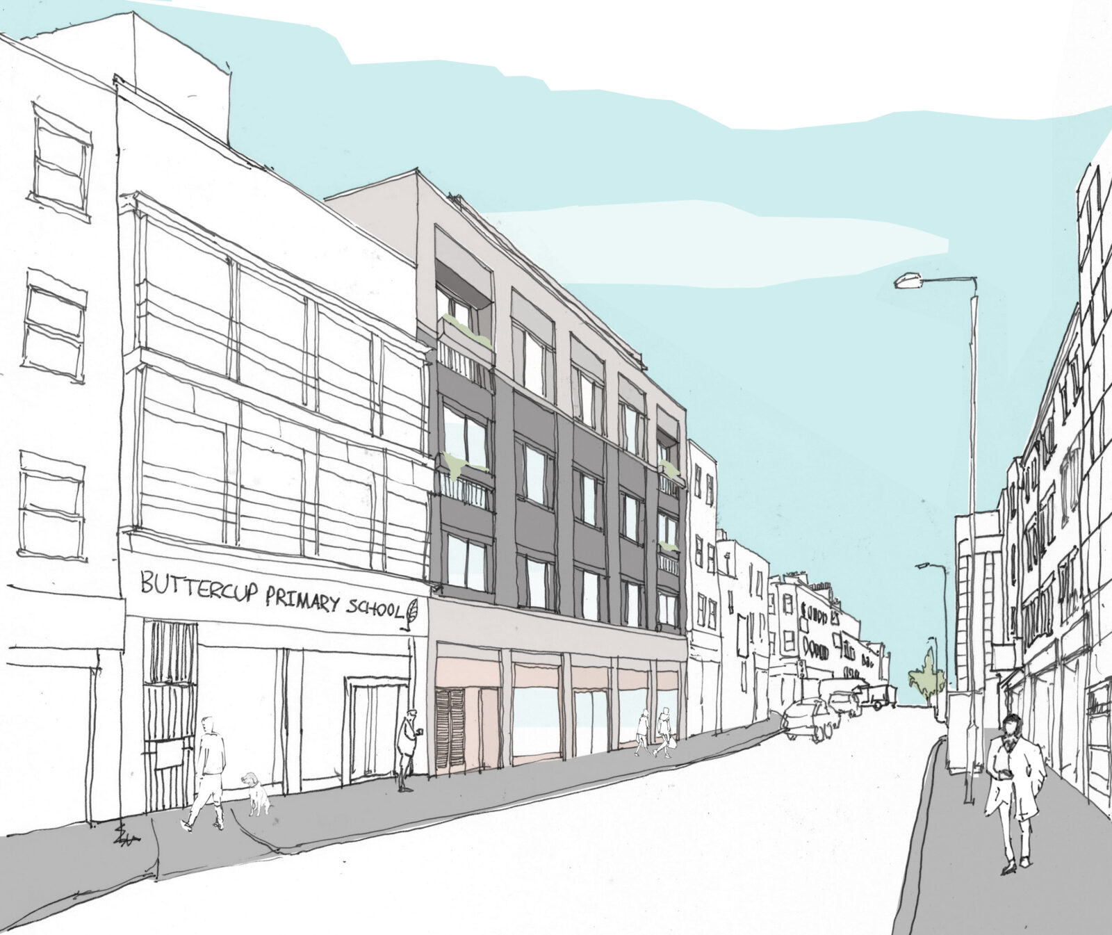 Sketch visual showing proposed development from street