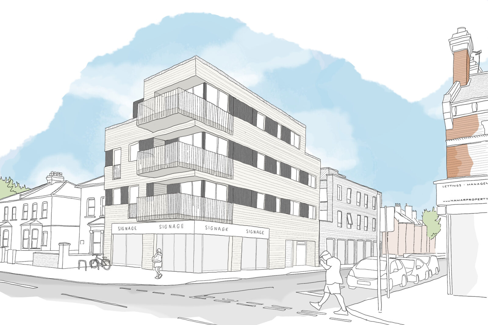 3D sketch visualisations of a new 4 storey building on in the local context