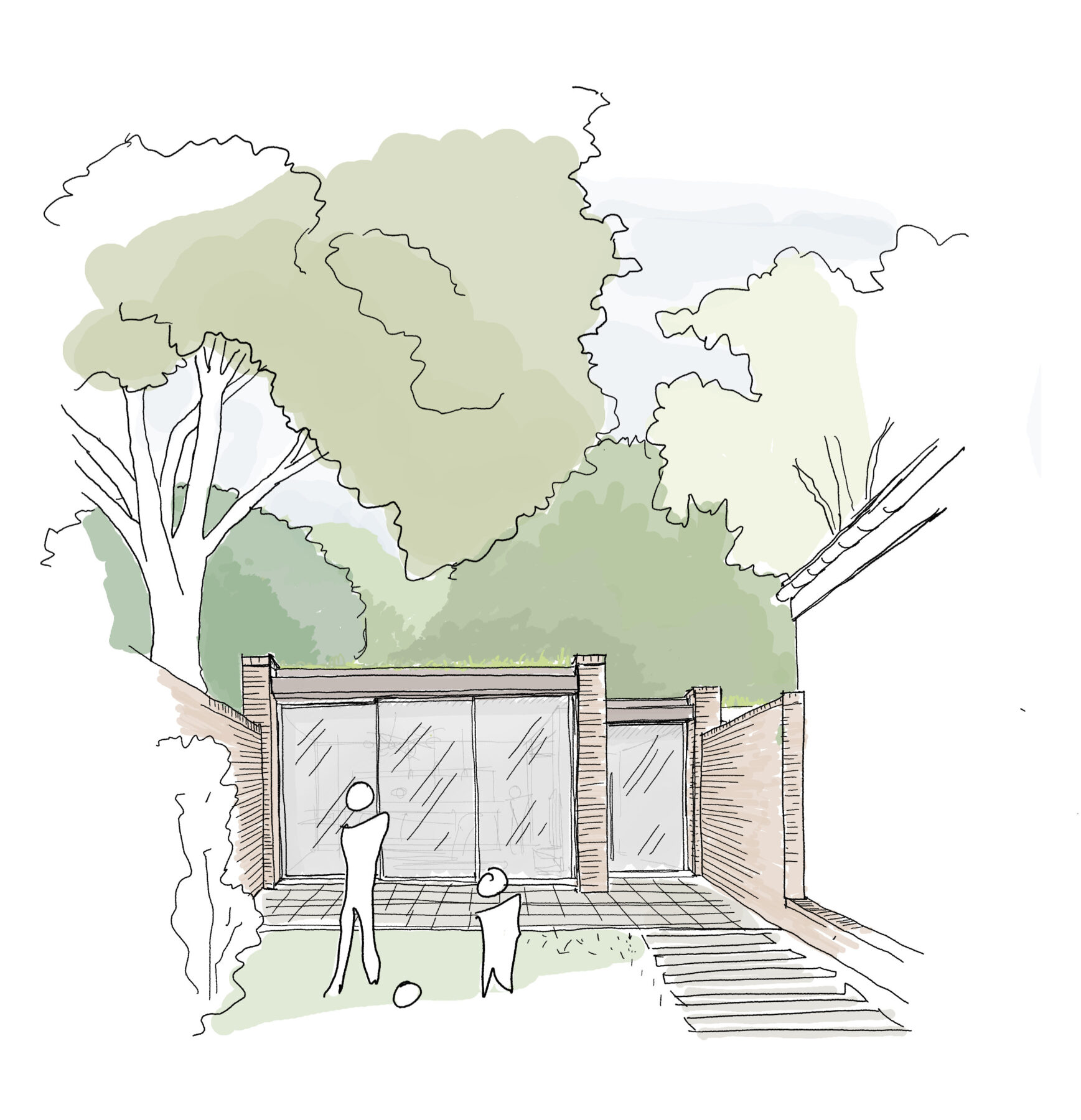 Sketch showing private family garden and house screened from the road by entrance gate