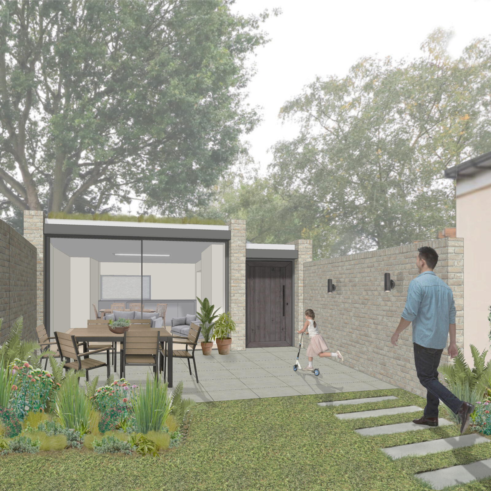 Sketch showing private family garden and house screened from the road by entrance gate