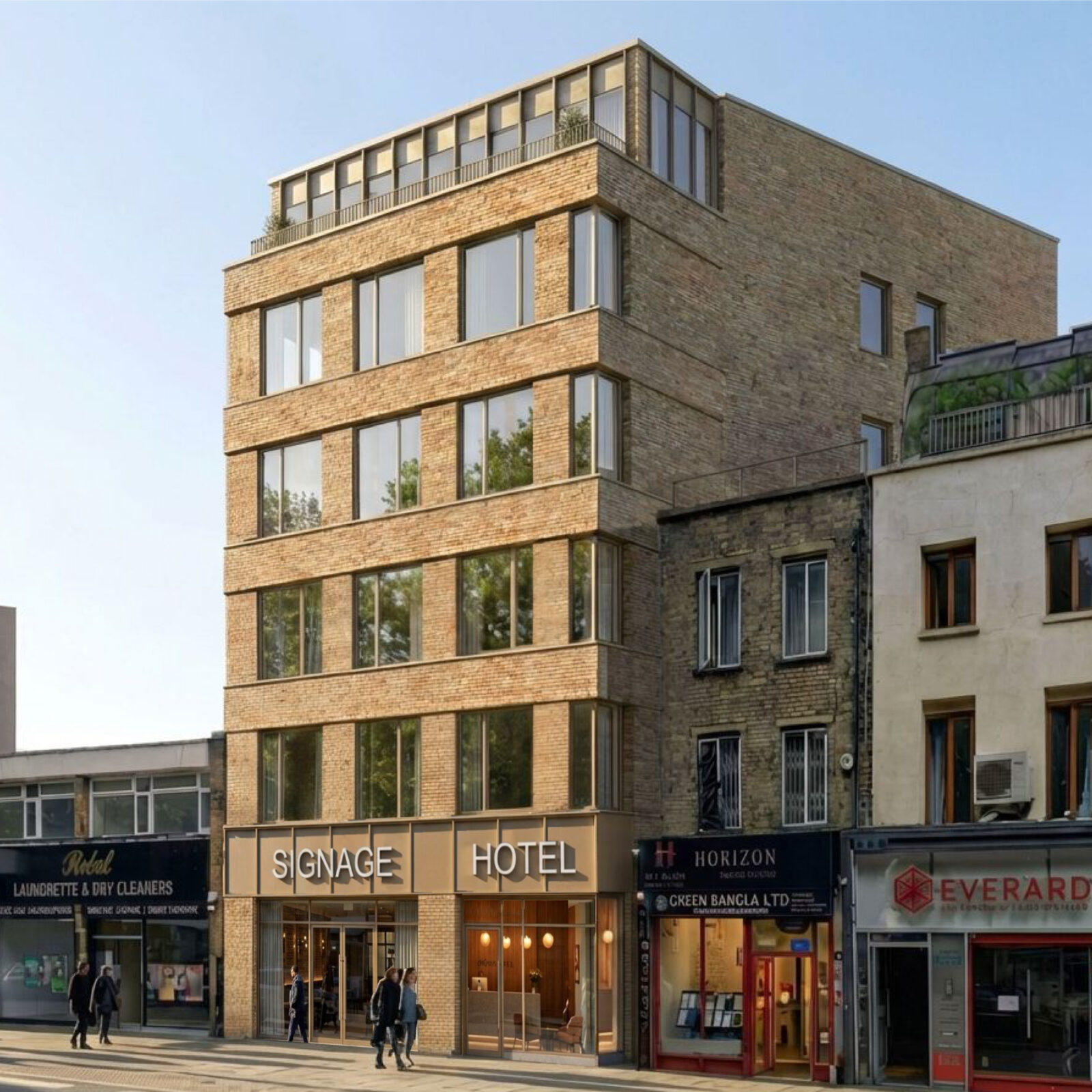 New build 6 storey brick hotel visualisation